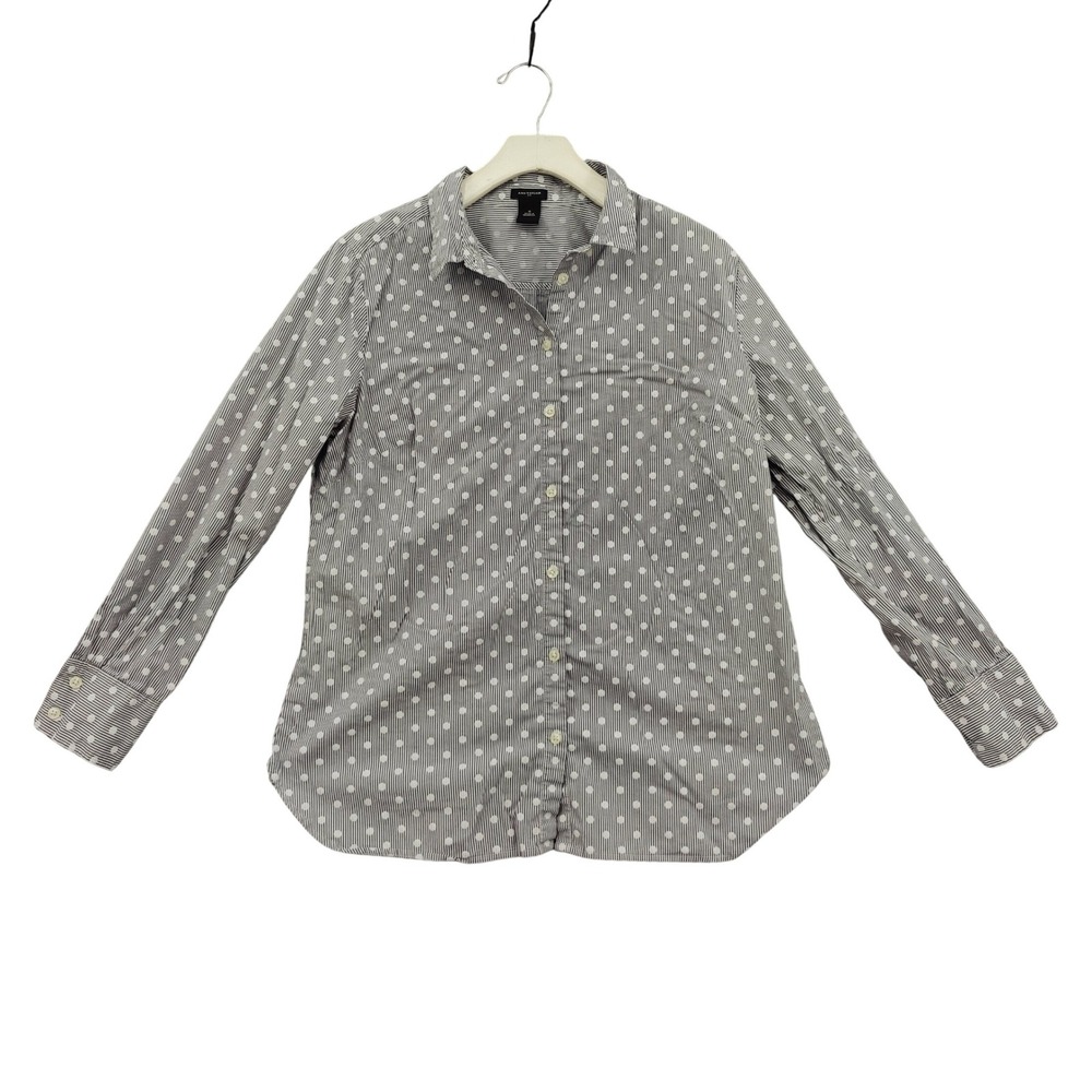 Ann Taylor Womens Preppy Polka Dot Striped Twee Academia Button Up Top 14 Gray